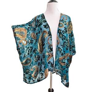 Burnout Velvet Kimono Open Front Cardigan Blue Boho Sheer Floral Beaded Whimsy
